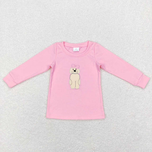 GT0408 Embroidered Bow Puppy Pink Long Sleeve Top