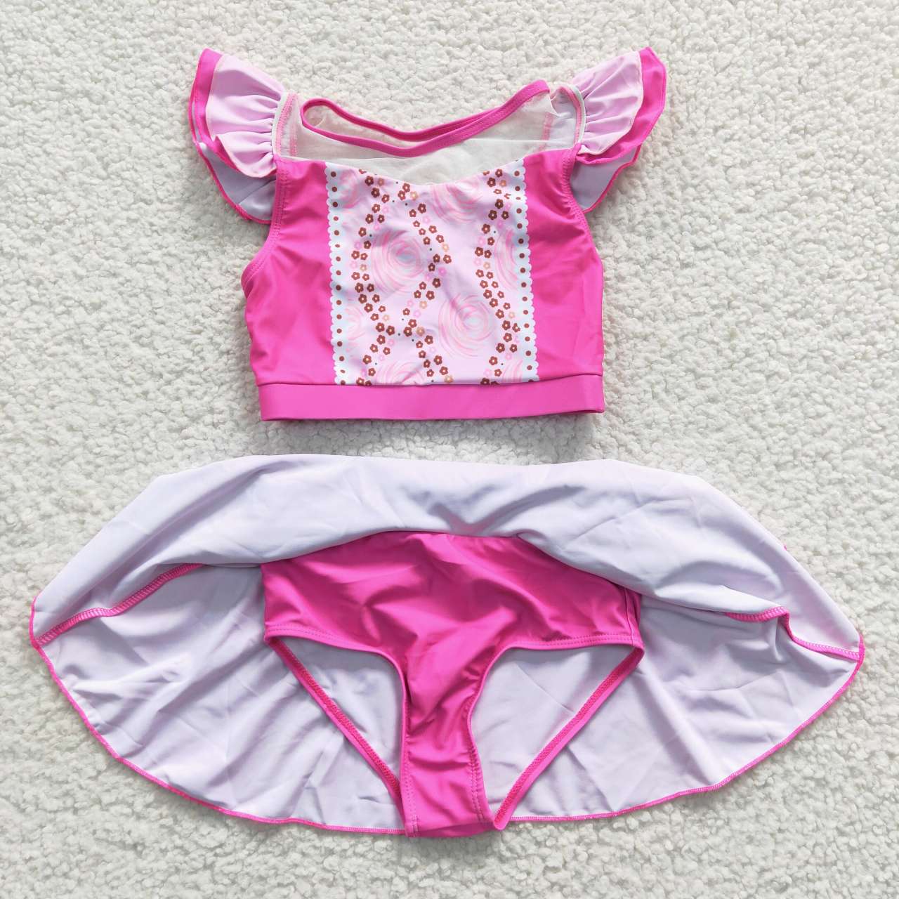 S0146 Princess Pink Short Sleeve Skirt Swimsuit Set