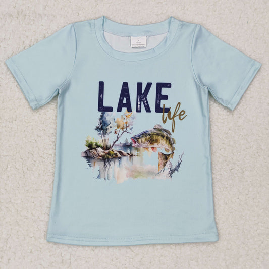 BT0339 lake life letter fishing blue short-sleeved top