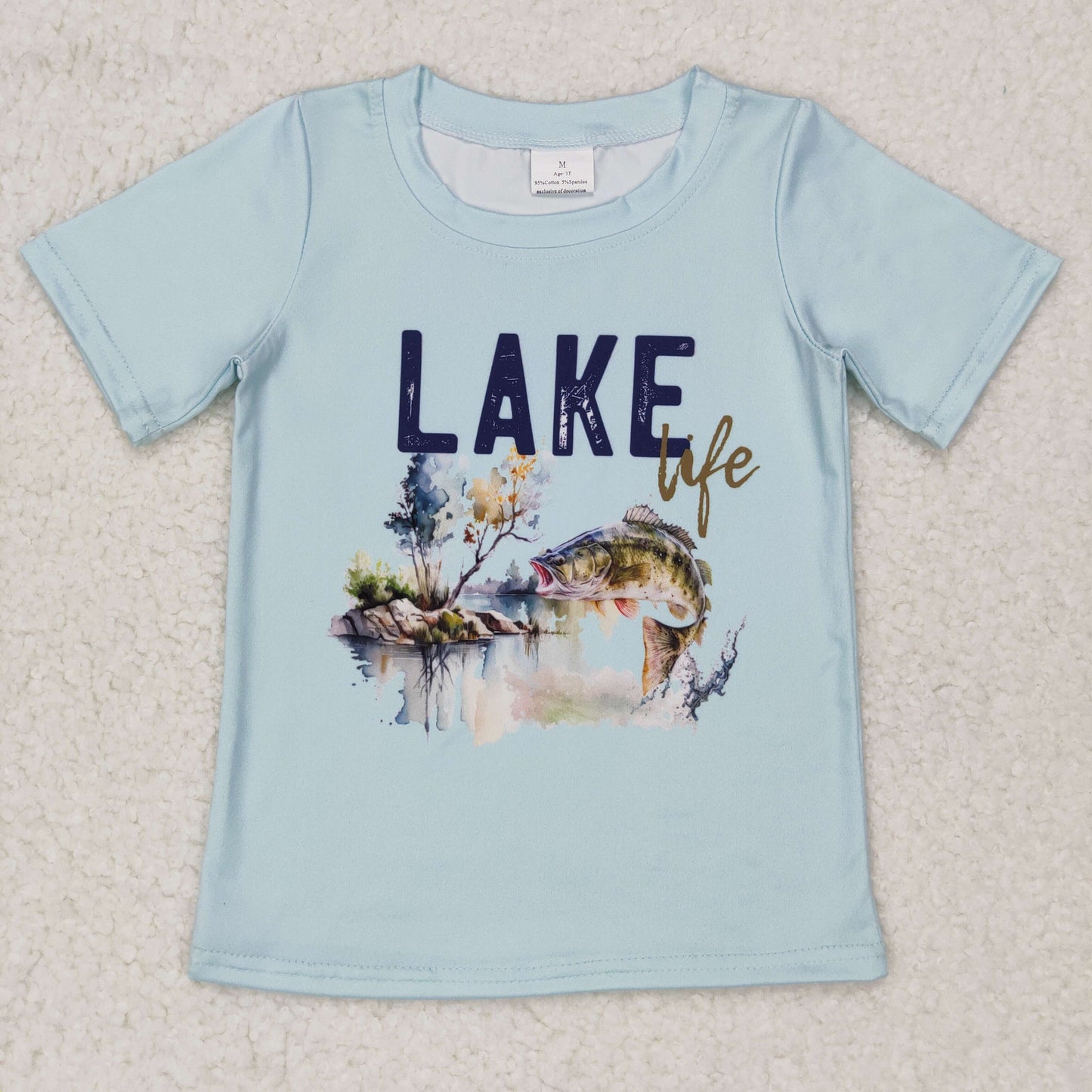 BT0339 lake life letter fishing blue short-sleeved top