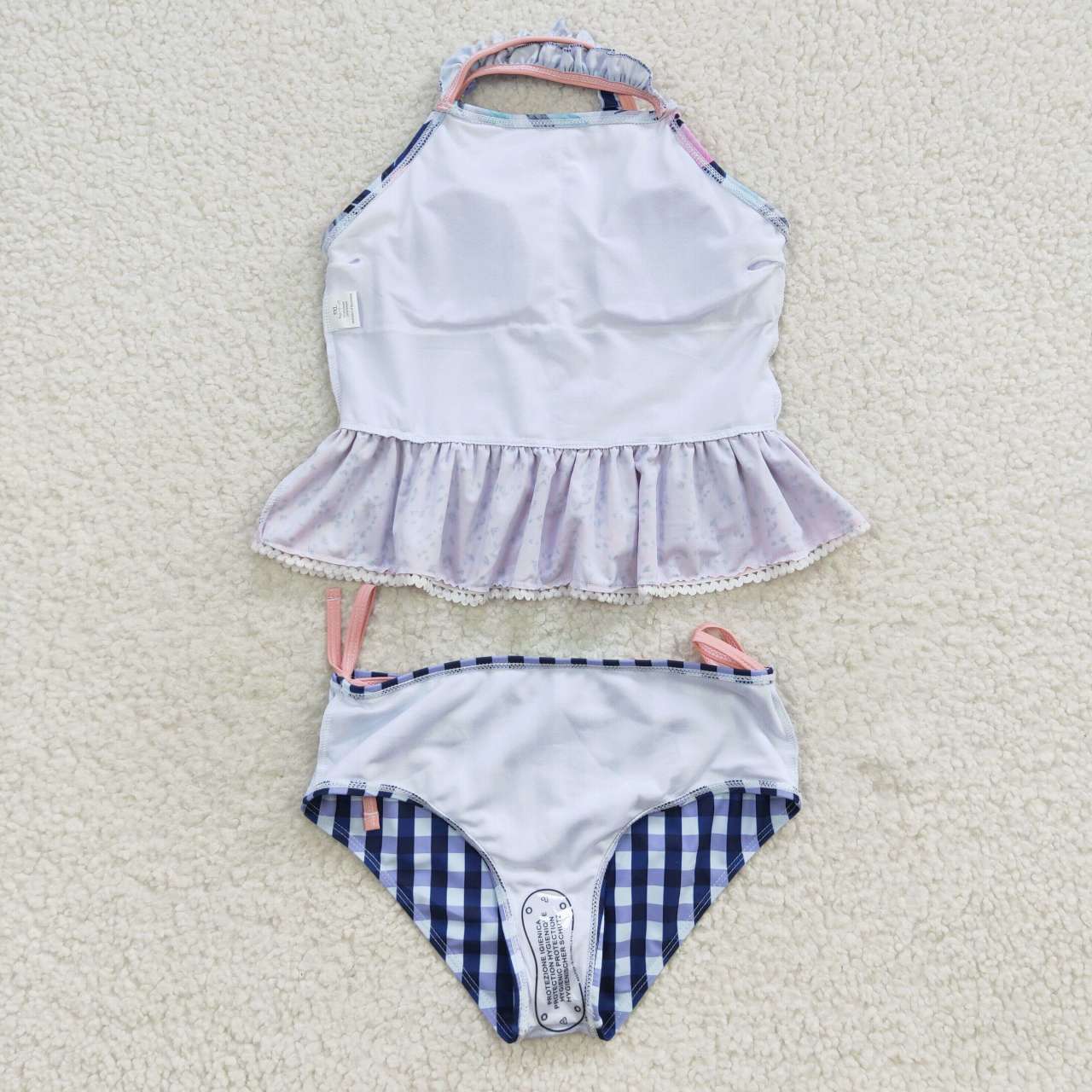 S0158 Floral Lace Blue Plaid Swimsuit Set