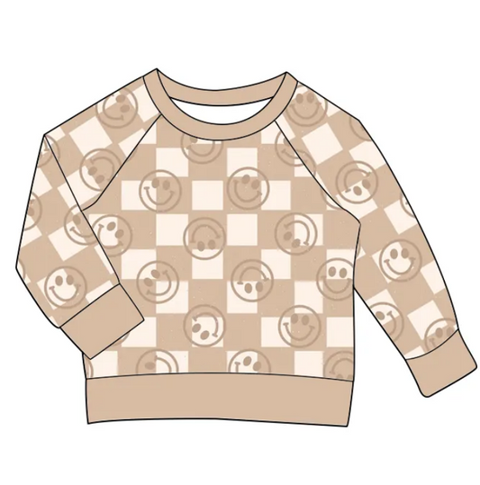 Custom moq 3 eta 7/8week moq 5 eta /4/5week Brown Smiley Face Plaid Long Sleeve Sweatshirt