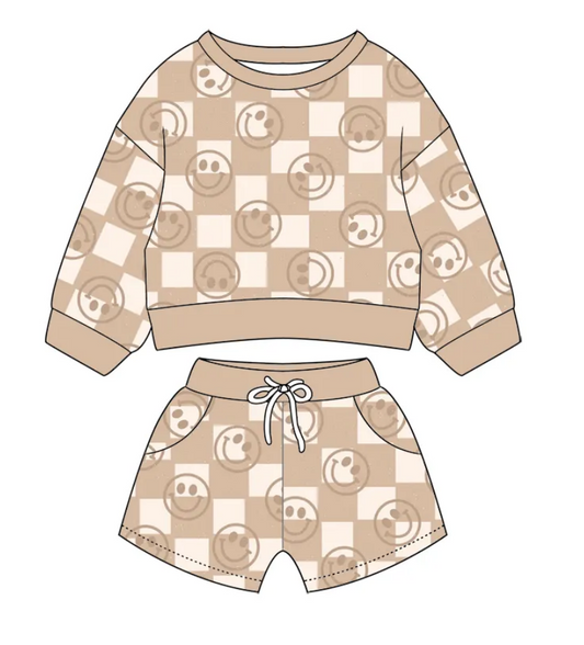 Custom moq 3 eta 7/8week moq 5 eta /4/5week Brown Smiley Face Plaid Long Sleeve Shorts Set