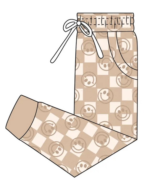 Custom moq 3 eta 7/8week moq 5 eta /4/5week Brown Smiley Face Check Drawstring Trousers