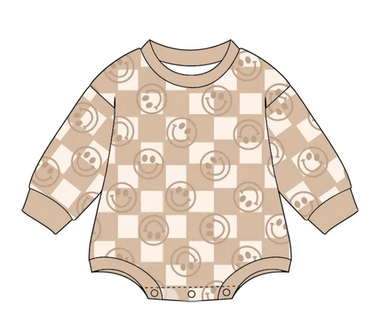 Custom moq 3 eta 7/8week moq 5 eta /4/5week  Brown Smiley Face Plaid Long Sleeve Cropped Climbing Suit