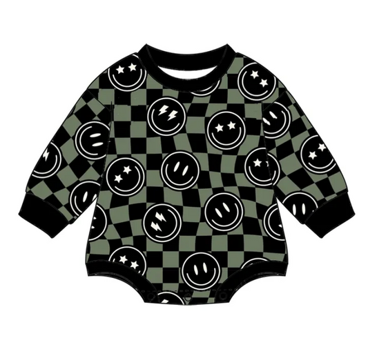 Custom moq 3 eta 7/8week moq 5 eta /4/5week  Black smiley face green and black plaid long-sleeved short romper