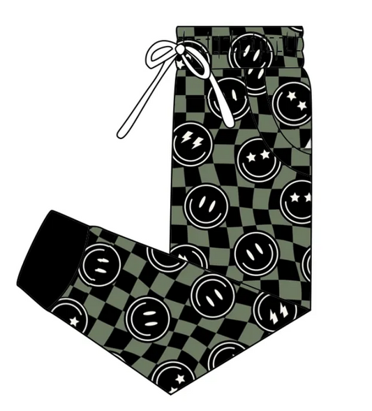 Custom moq 3 eta 7/8week moq 5 eta /4/5week Black Smiley Face Green and Black Plaid Drawstring Trousers