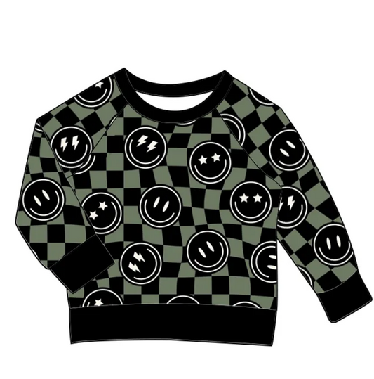 Custom moq 3 eta 7/8week moq 5 eta /4/5week Black Smiley Face Green and Black Plaid Long Sleeve Sweatshirt
