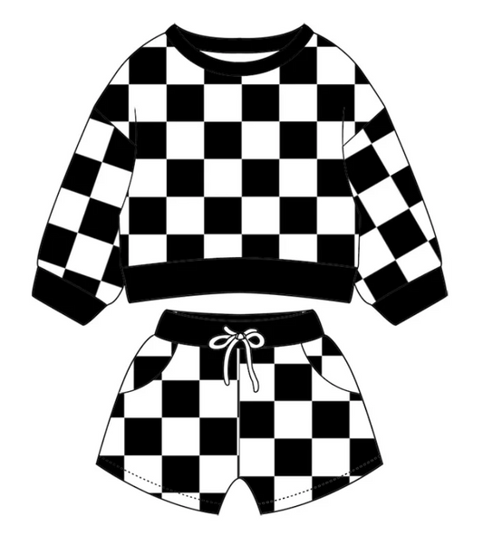 Custom moq 3 eta 7/8week moq 5 eta /4/5week Black and white plaid long-sleeved sweatshirt shorts set