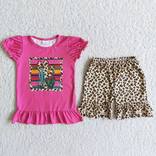 C1-11 Cactus rose top and leopard print shorts set