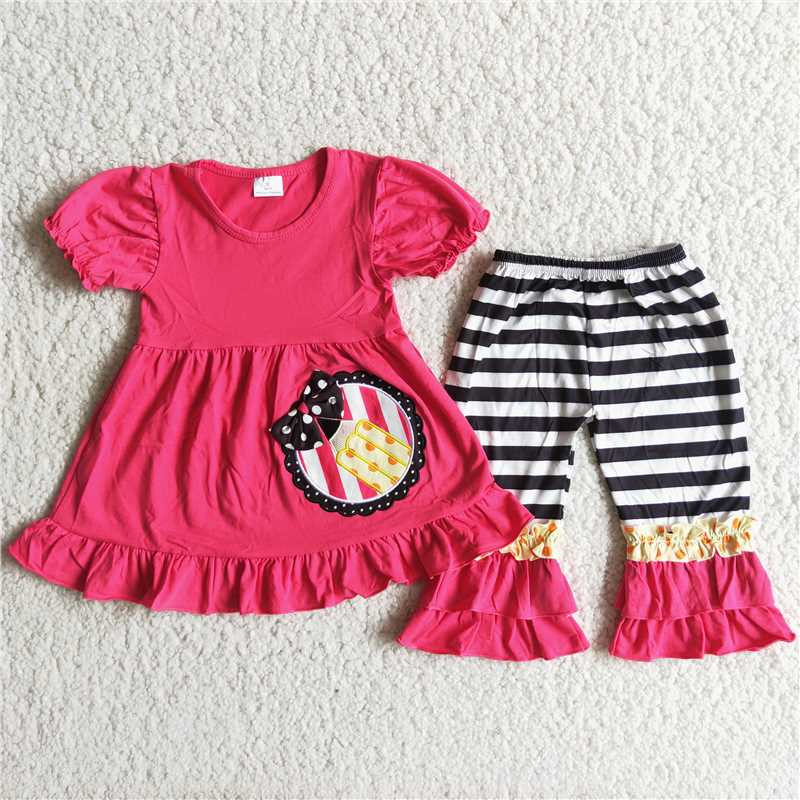 Pencil Pink Embroidery Short Sleeve Pants Set Back to School Back to School