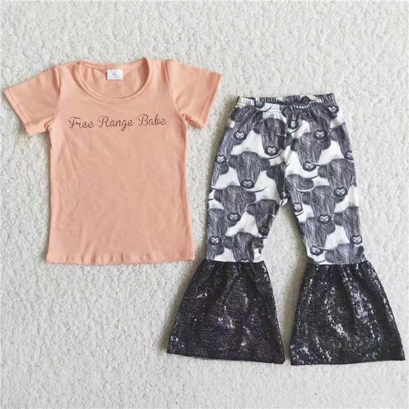 rts no moq C13-5 Alphabet Short Sleeve Bull Toe Flared Pants