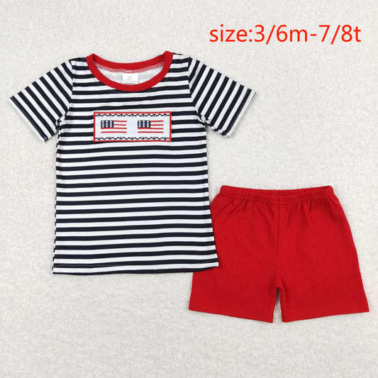 BSSO0565 Embroidered flag black and white striped short sleeve red shorts suit