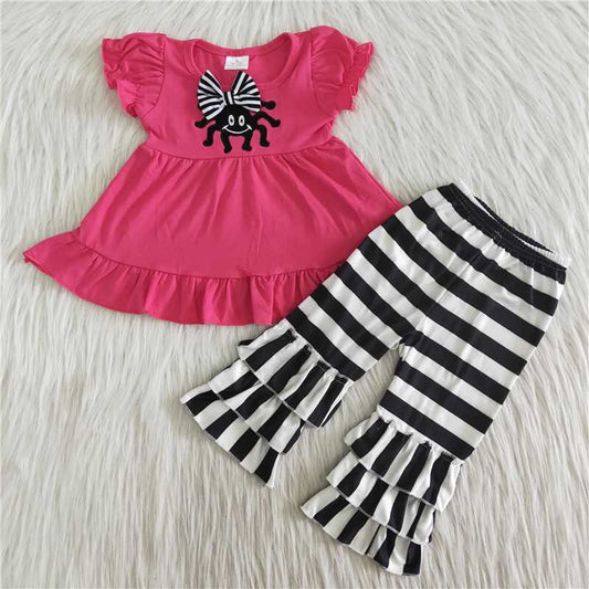 C2-8-1 Bow Embroidered Spider Rose Puff Sleeve Striped Trousers