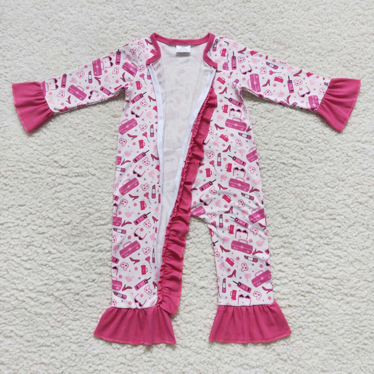 LR0600 barbie rose pink lace zipper long sleeve jumpsuit