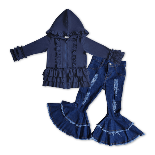 GT0013 Girls azure hooded zipper long sleeve jacket+P0003 Blue double lace denim trousers