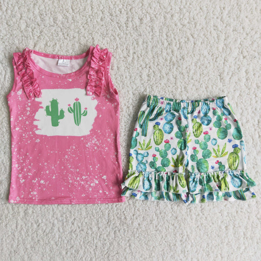 C5-4 Rose Red Sleeveless Top Cactus Shorts Set