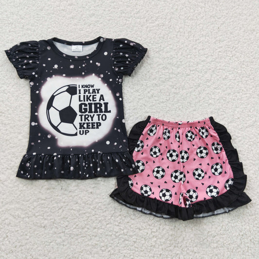 GSSO0267 GIRL Soccer Black Short Sleeve Pink Shorts Set