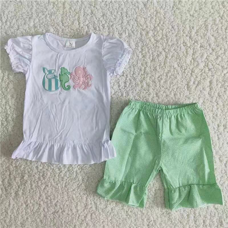 RTS NO MOQ  C6-21 Green seersucker shorts with embroidered sea animals