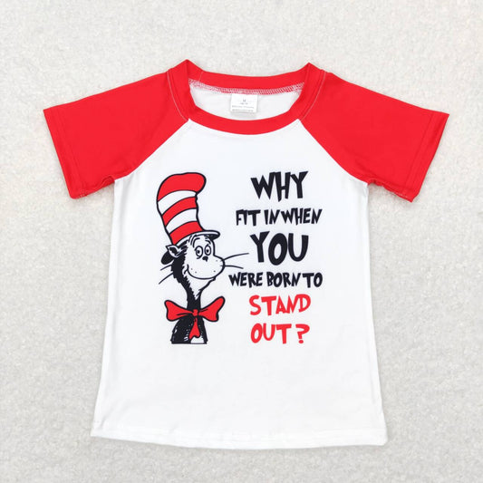 BT0480 red and white raglan short-sleeved top with dr seuss letters