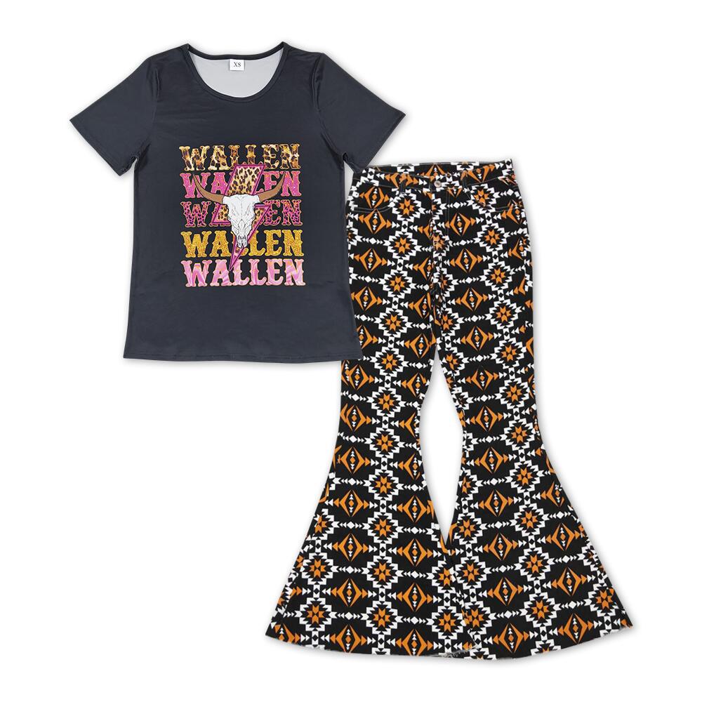 P0298 Adult geometric pattern black denim trousers+GT0343 Adult wallen lightning alpine bullhead black short-sleeved top