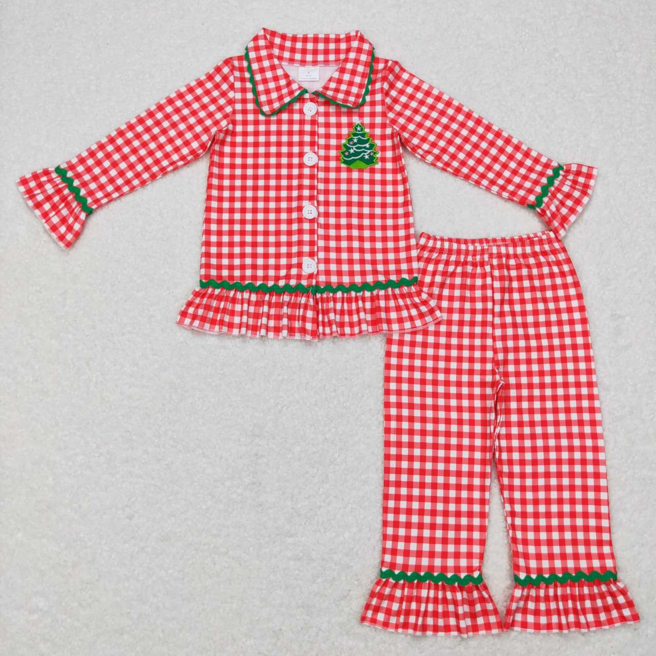 GLP0854 Embroidered star Christmas tree red and white plaid lace long-sleeved trousers suit