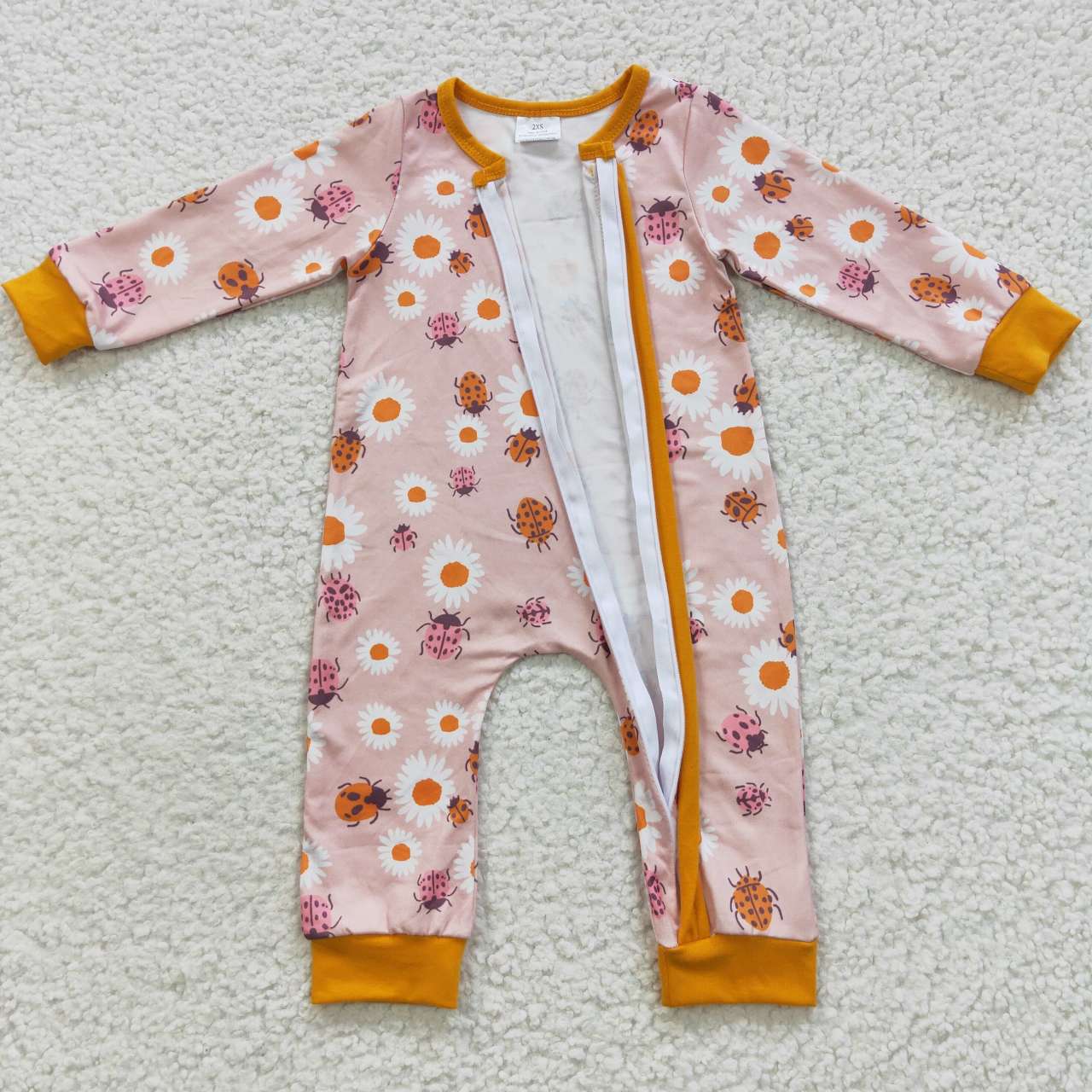 LR0311 Daisy Blossom Ladybug Orange Zipper Long Sleeve Bodysuit