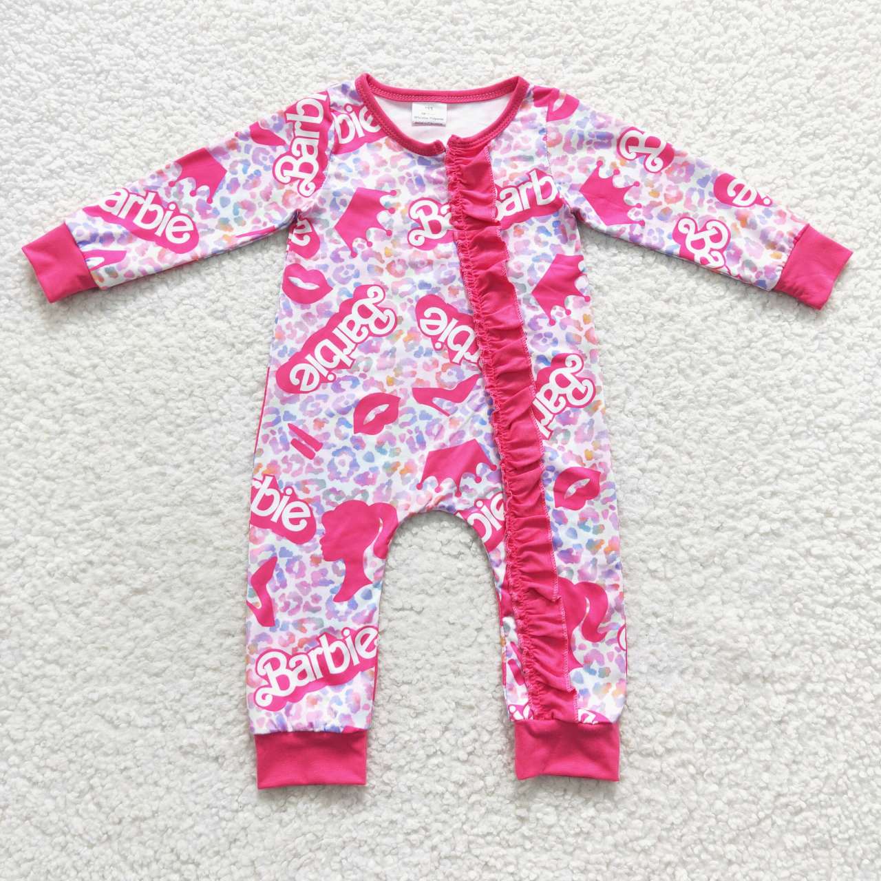 LR0481 barbie letter purple leopard rose red lace zipper long-sleeved jumpsuit