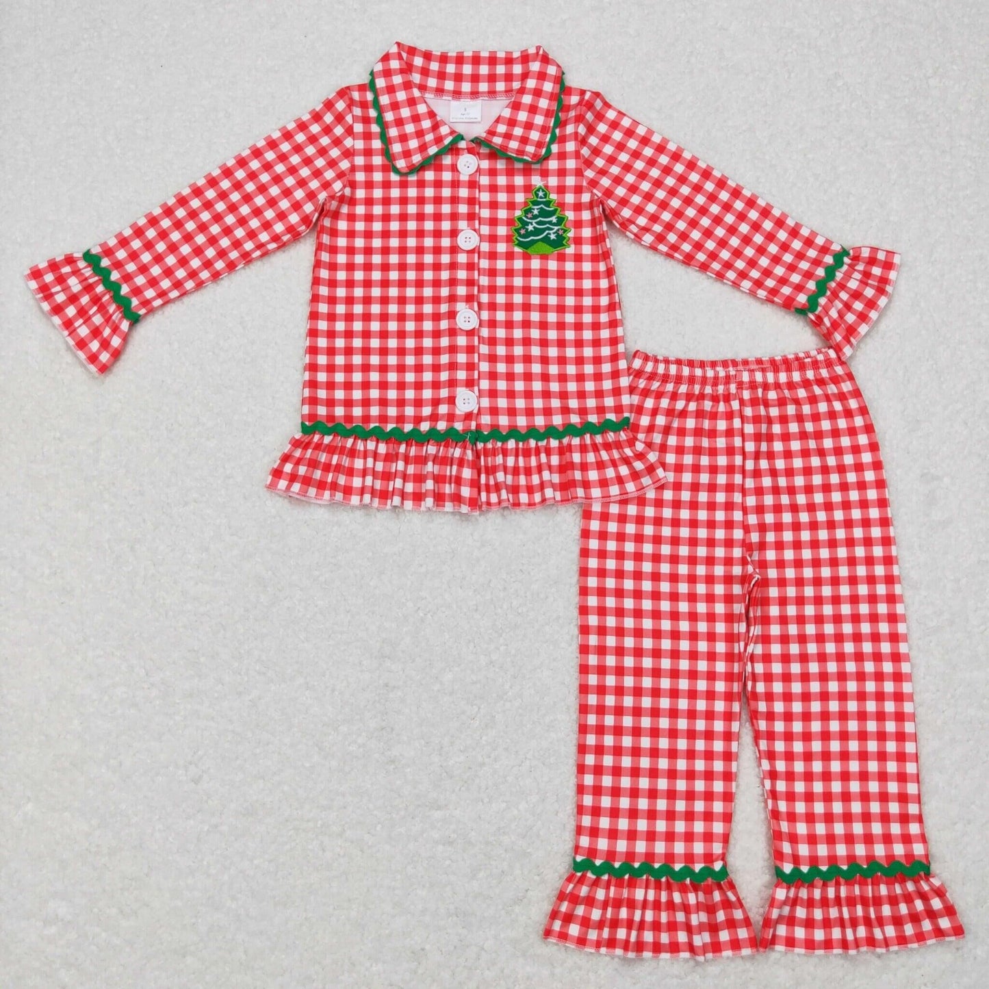 RTS NO MOQ Christmas Tree Plaid Girls Boys Long Sleeve Long Pants Pajama Set