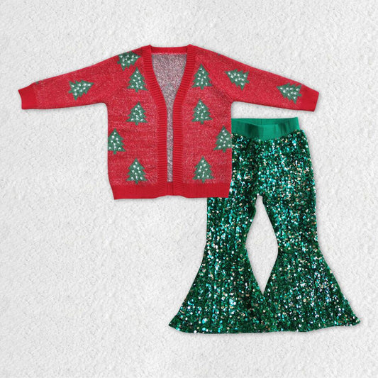 Christmas red sweater jacket and green sequined pants set