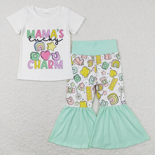 GSPO1047 mama's charm letter white short sleeve rainbow love trousers suit