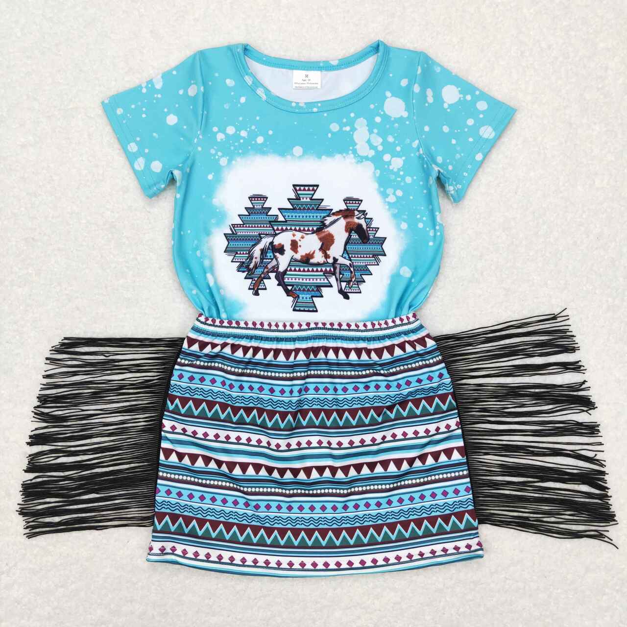 GSD0607 Horse geometric blue short-sleeved fringed skirt suit