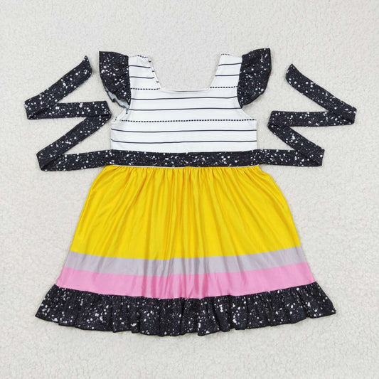 GSD0409 Back to School Yellow Pink Gray Contrasting Color Black Belt Stripe Flying Sleeve Dress