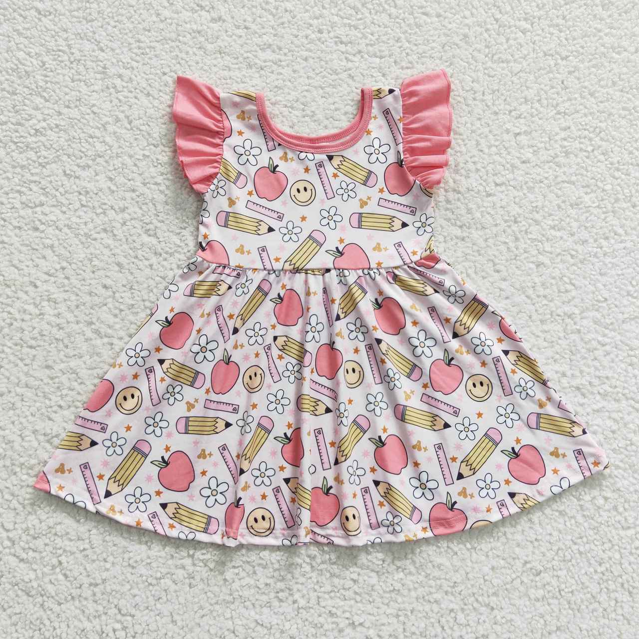 GSD0406 Pencil Apple Smiley Flower Pink Flying Sleeve Dress