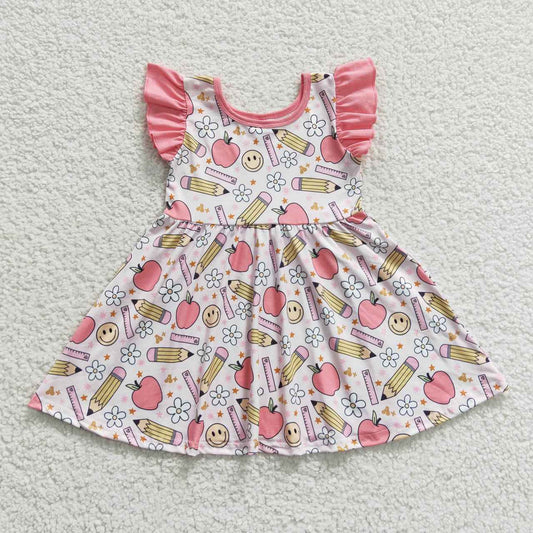 GSD0406 Pencil Apple Smiley Flower Pink Flying Sleeve Dress