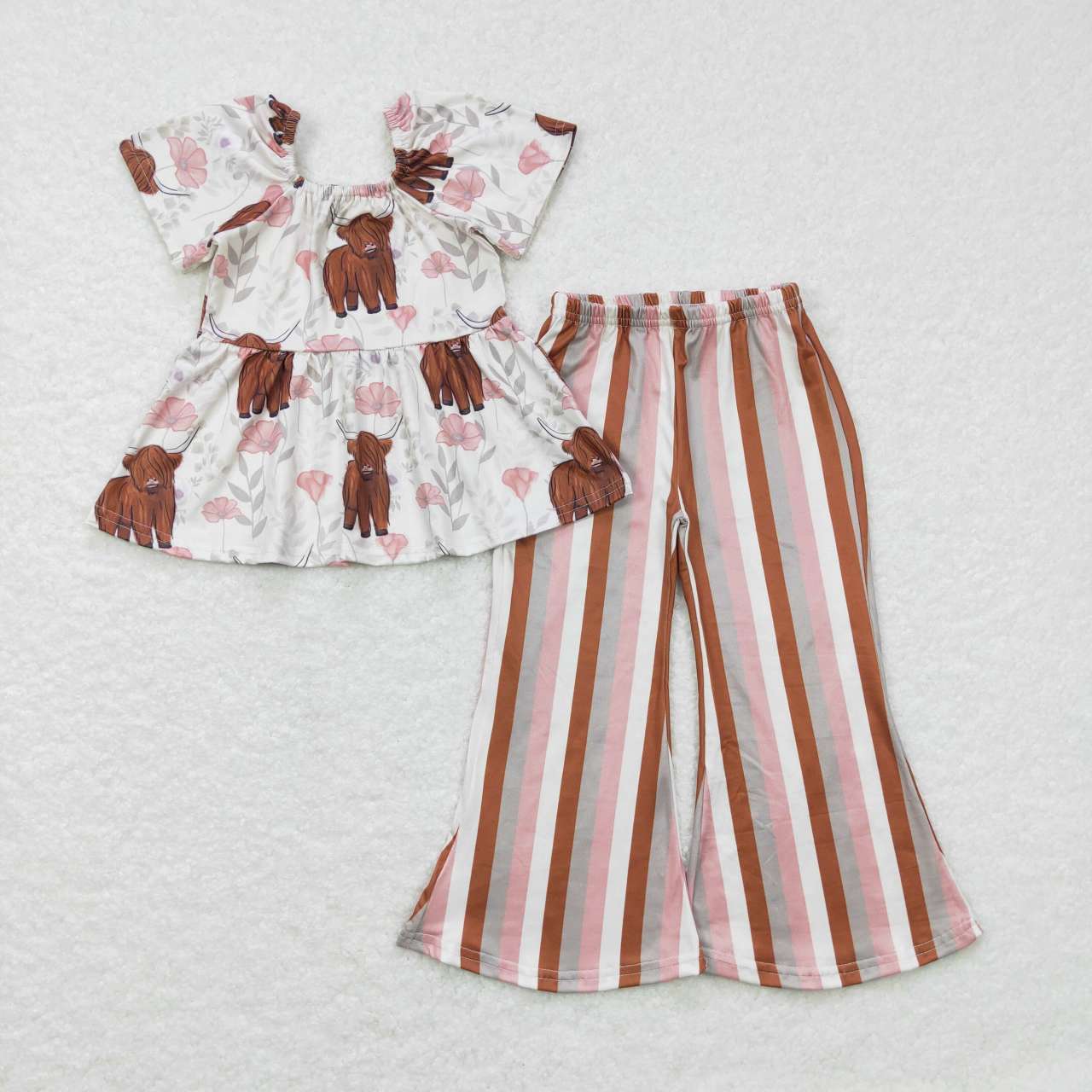 GSPO0961 Alpine Cow Head Flower One Shoulder Short Sleeve Striped Pants Suit