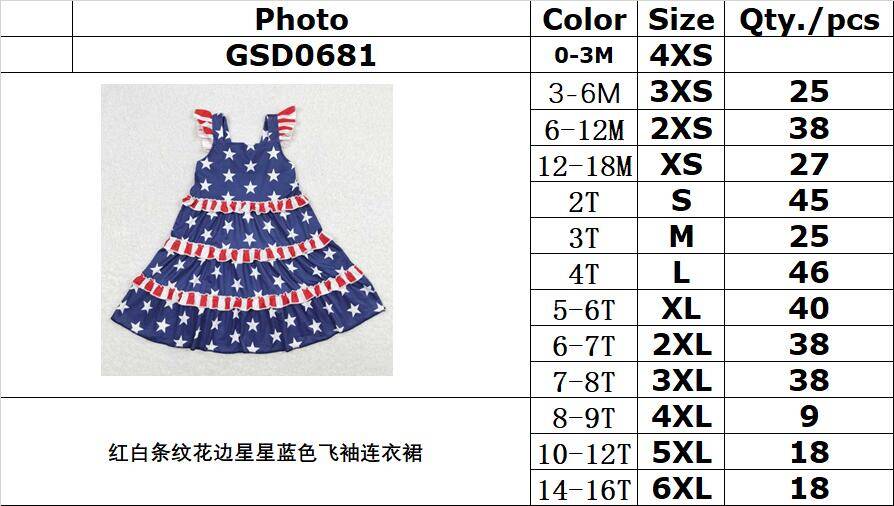 GSD0681 Red and white striped lace star blue flying sleeve dress