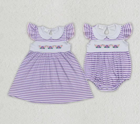 RTS	SR1051 Embroidery flower purple and white striped baby collar vest with  Sibling Sister Clothes
