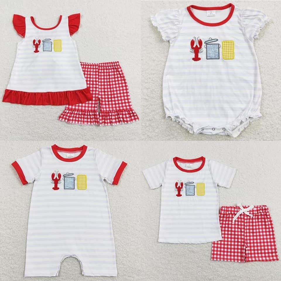 RTSEmbroidery Crayfish Corn Striped Bow Flying Sleeve Red Embroidery Crayfish Corn Stripe White Lantern Sleeve Short