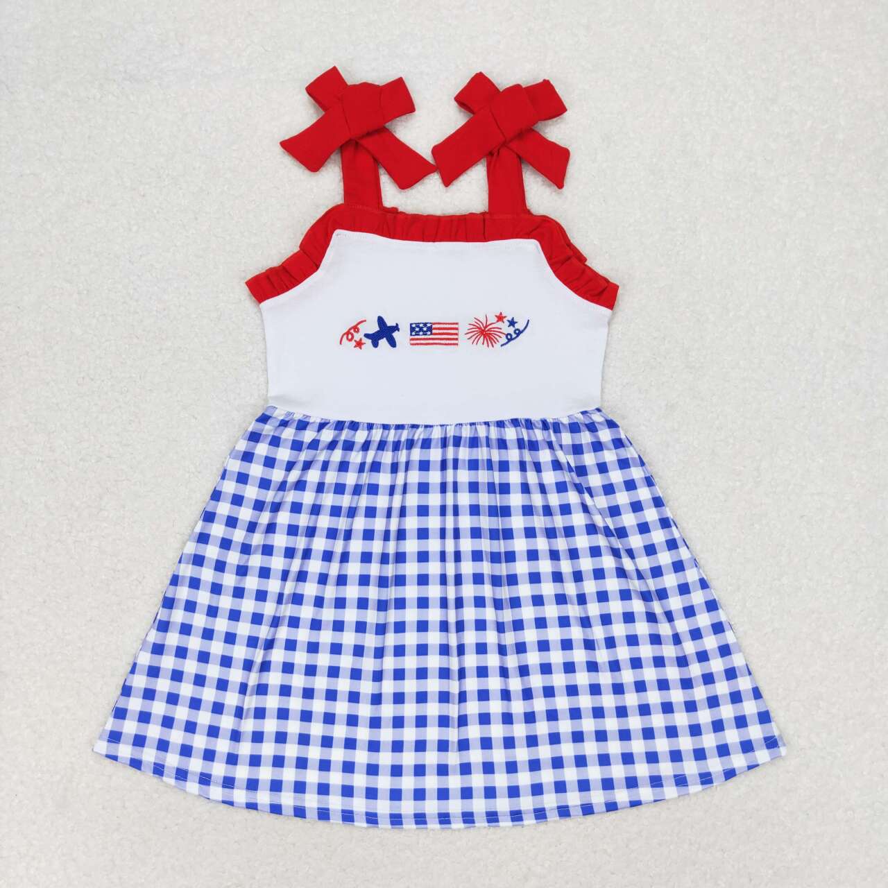 RTS no moq GSD0827 Embroidered airplane flag fireworks red lace blue and white plaid suspender dress