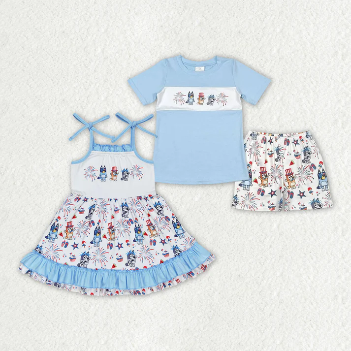 RTS Baby Girls 4th Of July Dog Sibling Dresses Sets