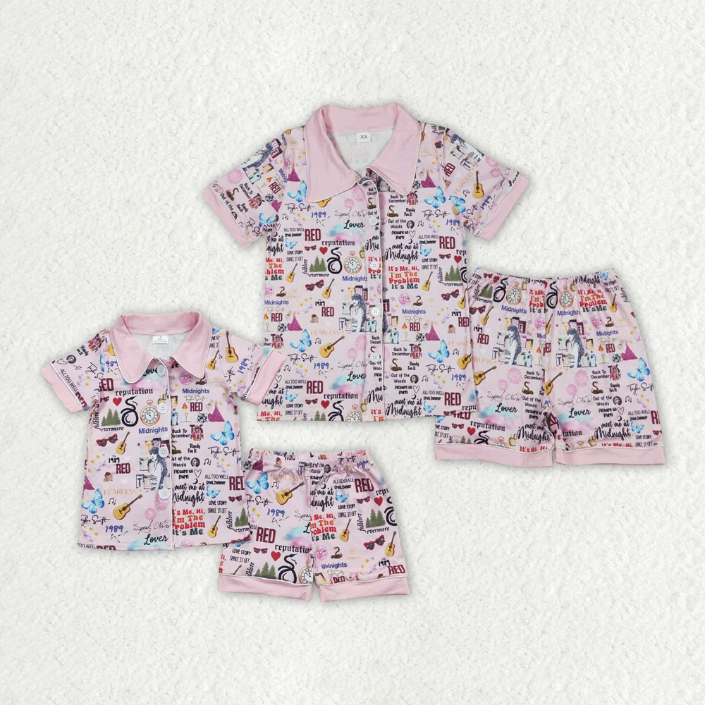 RTS Mommy and Me Mommy and Me Baby Girls Sibling Pink Singer Buttons Shirts Shorts Pajamas Clothes Sets