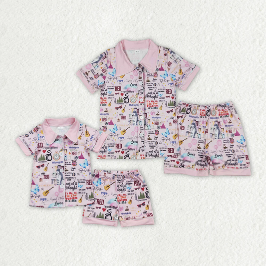 RTS Mommy and Me Mommy and Me Baby Girls Sibling Pink Singer Buttons Shirts Shorts Pajamas Clothes Sets