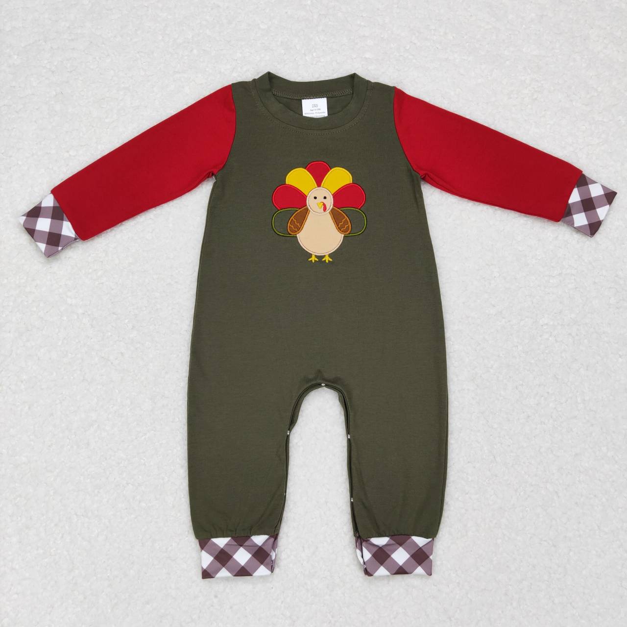 LR0670 Embroidered turkey khaki plaid dark green long-sleeved jumpsuit