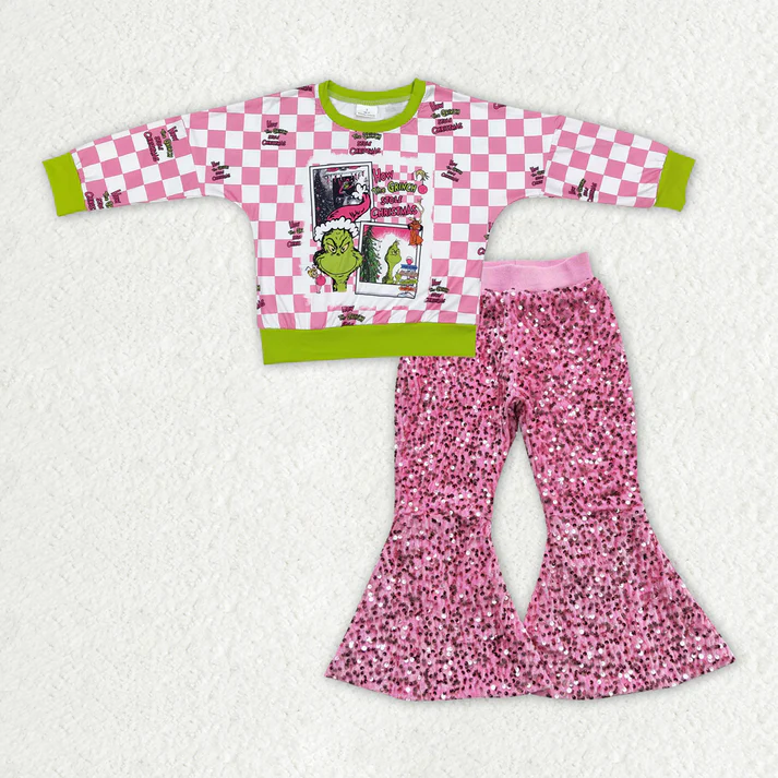 RTS NO MOQ ETA 6-7DAYS ARRIVED GT0733+D5-27 Baby Girls Christmas Pink Frog Shirt Sequin Bell Pants Clothes Sets