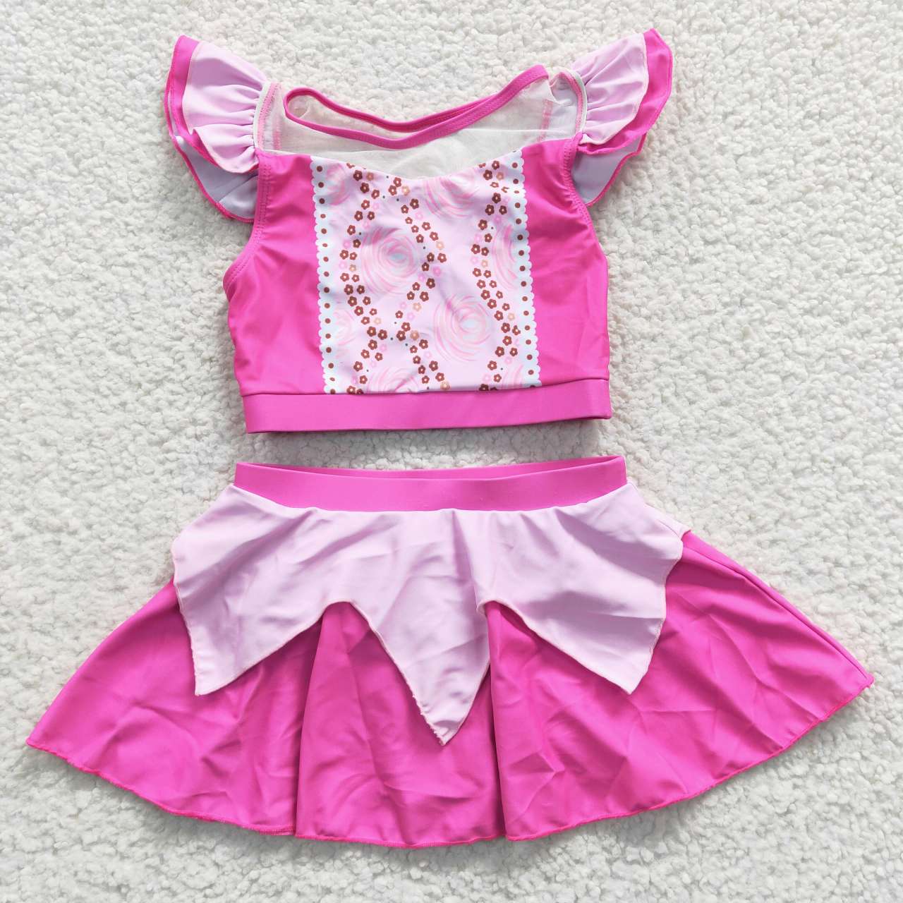 S0146 Princess Pink Short Sleeve Skirt Swimsuit Set