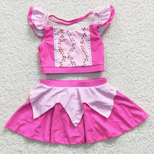 S0146 Princess Pink Short Sleeve Skirt Swimsuit Set