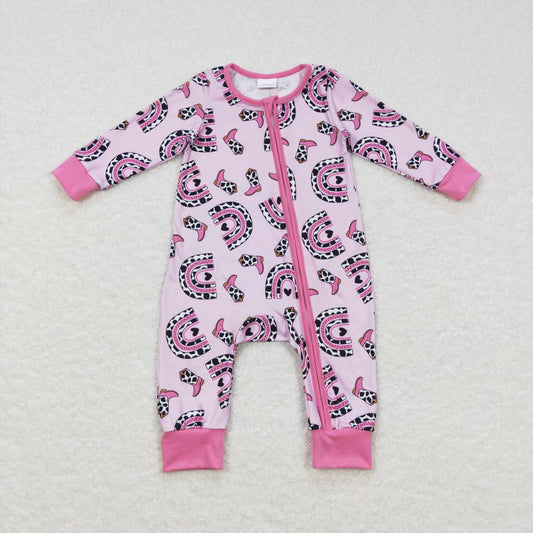 LR0490 Cow pattern heart rainbow boots rose pink zipper long-sleeved jumpsuit