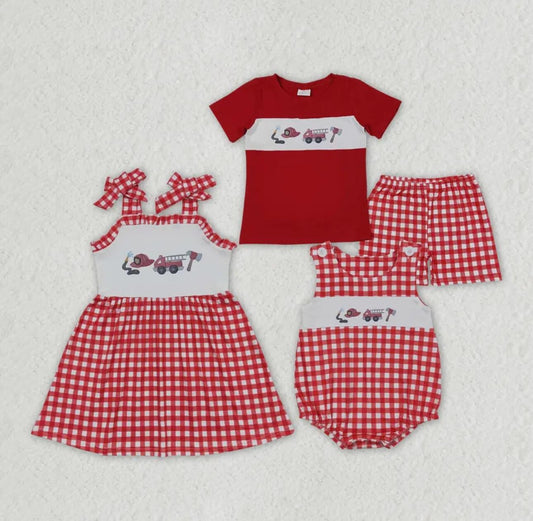 RTS	 GSD0906  Fire Engine Red and White Plaid Lace Slip Dress Sibling Sister Clothes