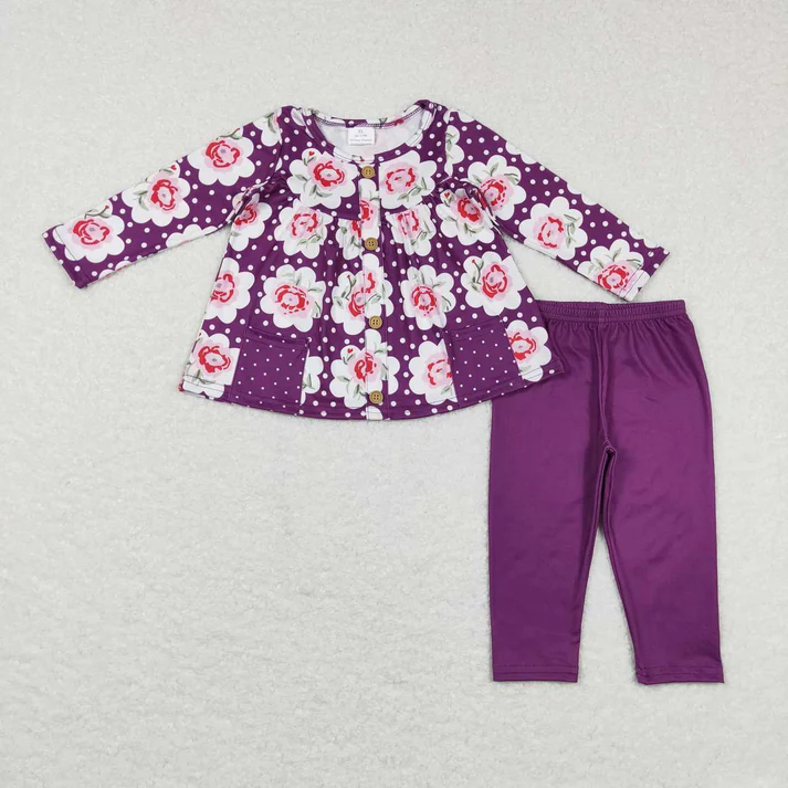 RTS NO MOQ Baby Girls Floral Pocket Tunic Sibling Legging Pants Clothing Sets